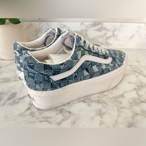 Vans Old Skool Stacked Woven Denim Platform Chunky Sneakers Blue Checkered 3D - Picture 8 of 11
